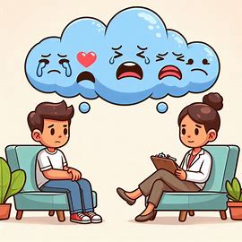 표정이 우울한 남성이 맞은편 의료진과 상담을 하고 있는 그림