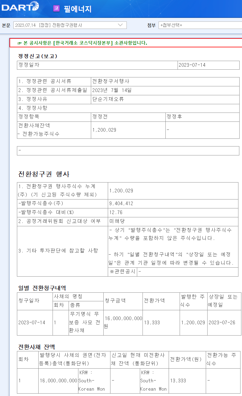 필에너지 상장 첫 날 전환사채 전환 청구