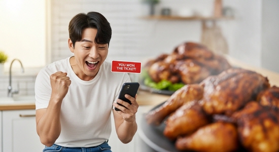 티켓 당첨에 환호하는 남성 뒤에 치킨이 놓여 있는 장면