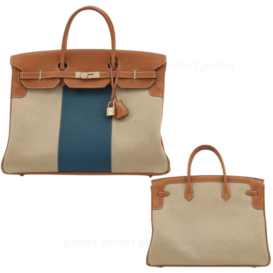 에르메스 Fauve, Ficelle and Blue Thalassa Toile and Barenia Flag Birkin 40 Permabrass Hardware, 2014