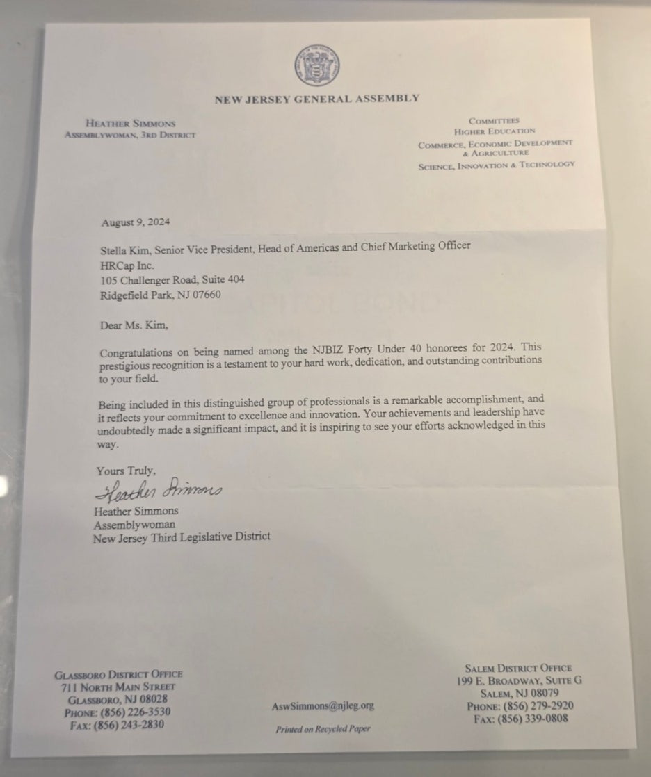 Congratulatory Letter from Assemblywoman Heather Simmons