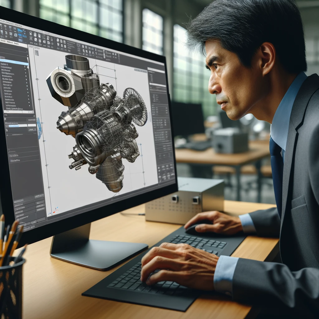 현대적인 사무실에서 CAD 소프트웨어를 사용해 복잡한 기계 부품의 3D 모델링을 조정하는 아시아계 중년 남성 엔지니어의 모습