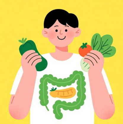 깨끗한 피부를 가진 사람이 신선한 채소와 함께 미소 짓는 모습, 장 건강을 상징하는 일러스트 포함