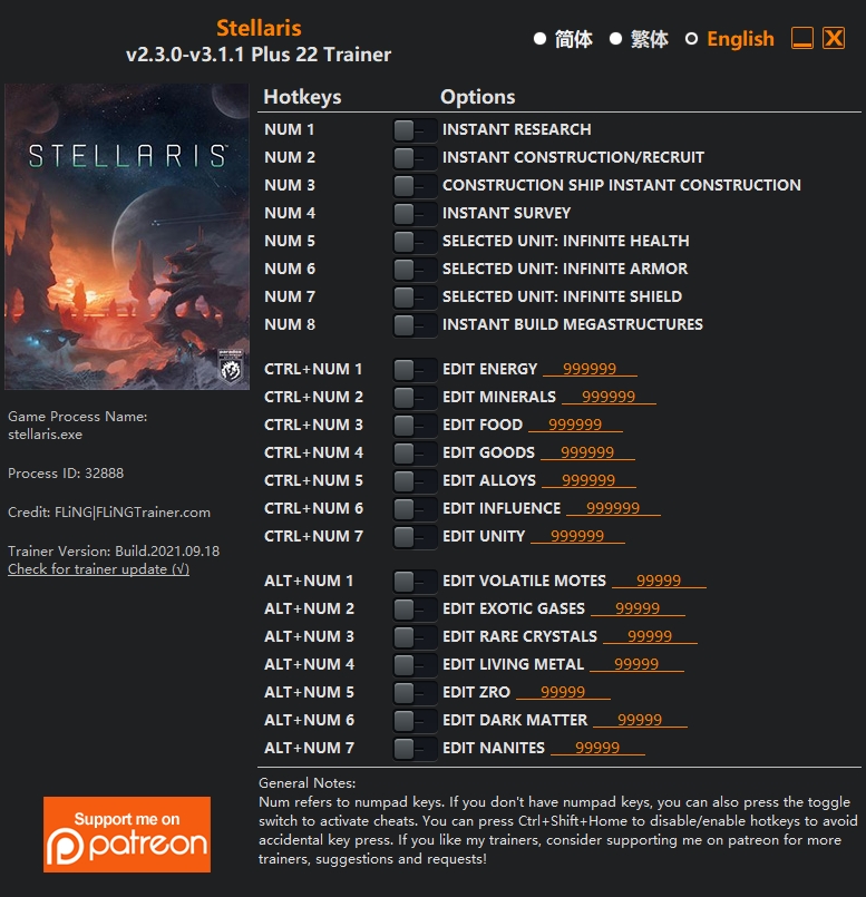  [트레이너] 한글판 스텔라리스 최신 영문판 Stellaris 2.3.0-v3.1.1 Plus 22 Trainer