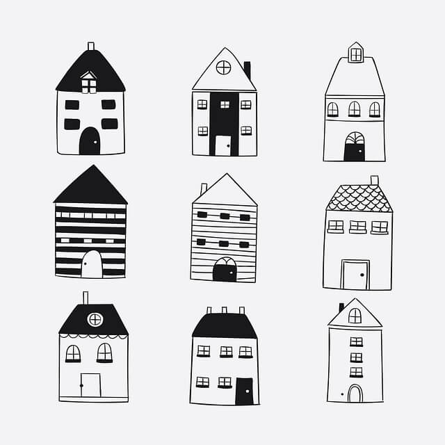 검은색으로 여러가지 9개의 집을 그린 그림