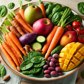 비타민A가 풍부한 망고, 당근 등 채소들이 큰 접시에 가득 있다.