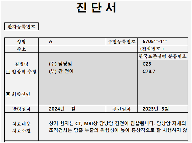 담낭암 C23 간암전이 C78.7 진단서 예시