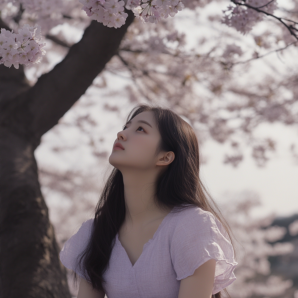 벚꽃 아래 앉아 하늘을 바라보는 여성의 사진