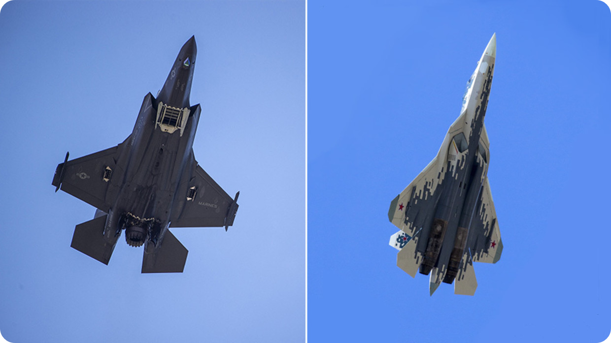F-35(왼쪽)과 Su-57(오른쪽) 전투기의 배면 모습