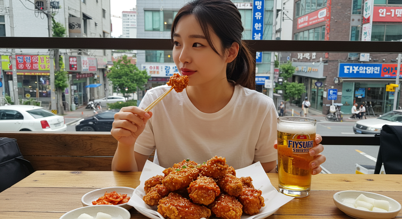 치킨을 먹고 있는 여성