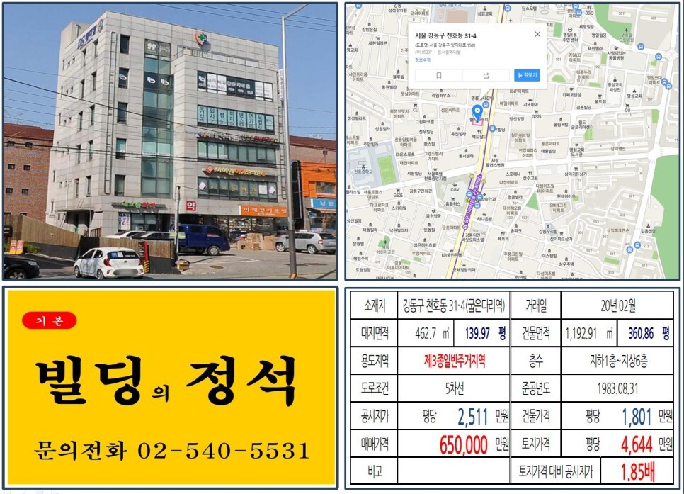  [강동구 60억 메디컬빌딩 실거래가 조회] 천호동 31-4 (굽은다리역) 65억 원, 평당 4,644만 원 매매되었습니다. 맥도날드, 서울세종고