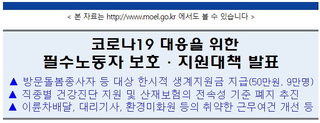  필수노동자 보호지원 대책 방문돌봄 방과후 교사 생계 지원금