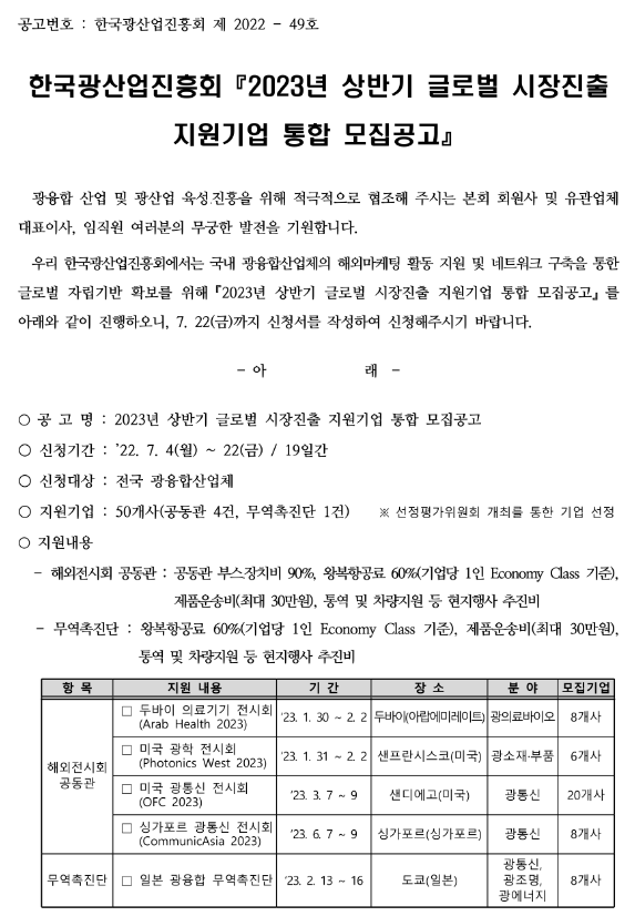  2023년 상반기 광융합산업 글로벌 시장진출 지원사업 참여기업 통합 모집 공고