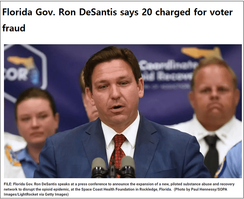 [속보] 플로리다&#44; 부정선거 사범 20명 구속했다 Florida Gov. Ron DeSantis says 20 charged for voter fraud