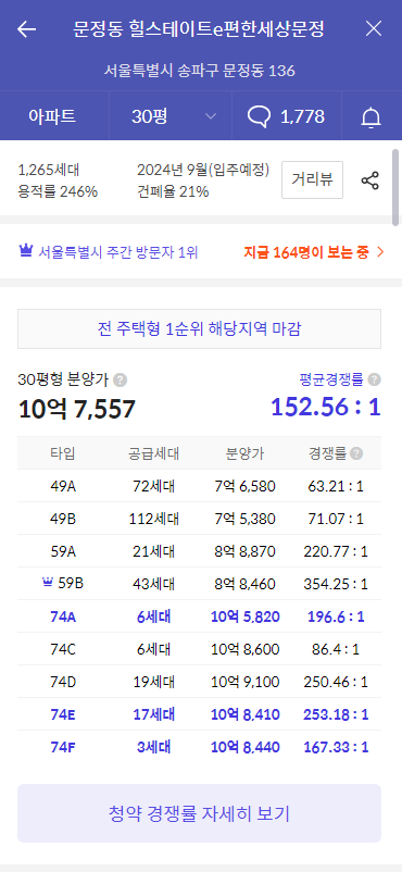 힐스테이트 이 편한세상 문정-가격정보