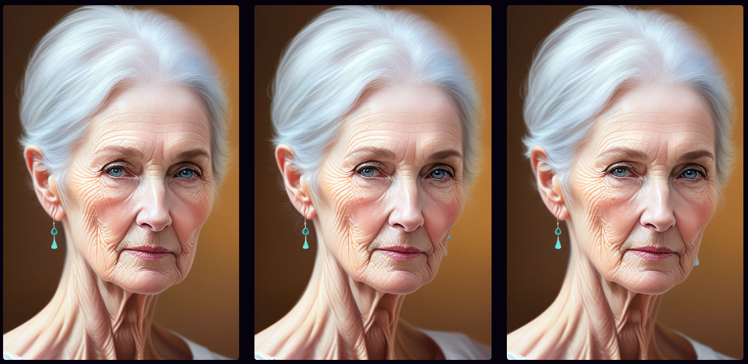 Images of a woman aging from 67 to 64