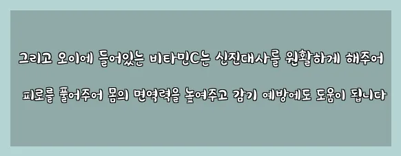  그리고 오이에 들어있는 비타민C는 신진대사를 원활하게 해주어 피로를 풀어주어 몸의 면역력을 높여주고 감기 예방에도 도움이 됩니다