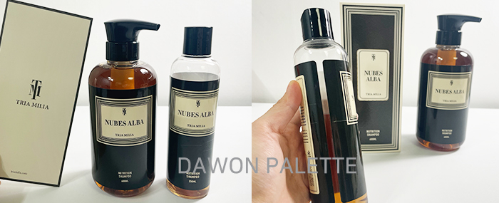 원터치-형식의-용기-250ml와-펌프형섹의-600ml-펌-모발용-샴푸를-촬영한-이미지