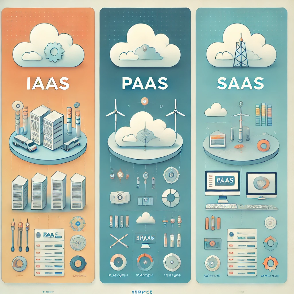 IaaS, PaaS, SaaS의 차이를 설명하는 인포그래픽, 각각의 서비스 모델을 클라우드, 플랫폼 도구, 소프트웨어로 표현한 간단한 아이콘