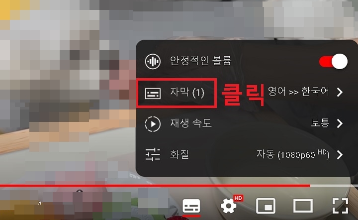 자막 메뉴 클릭함