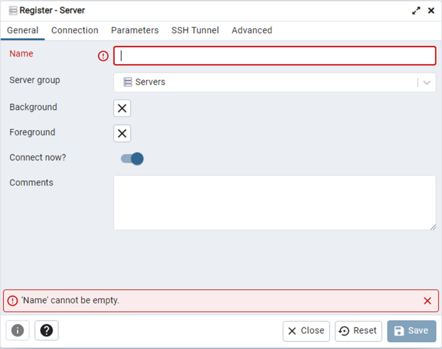 pgAdmin Server 정보 입력화면