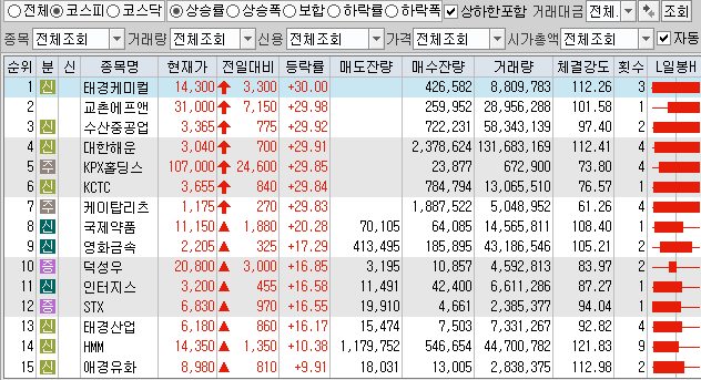  11월12일 코스피 코스닥 상한가 포함 상승률 상위 종목 TOP 100