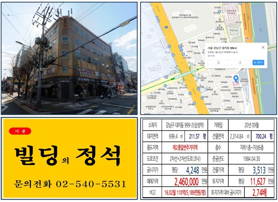  [강남구 현대차그룹 GBC 호재지역 200억 꼬마빌딩 실거래가 조회] 대치동 999-2 (삼성역) 246억 원, 평당 1억 1,627만 원 매매
