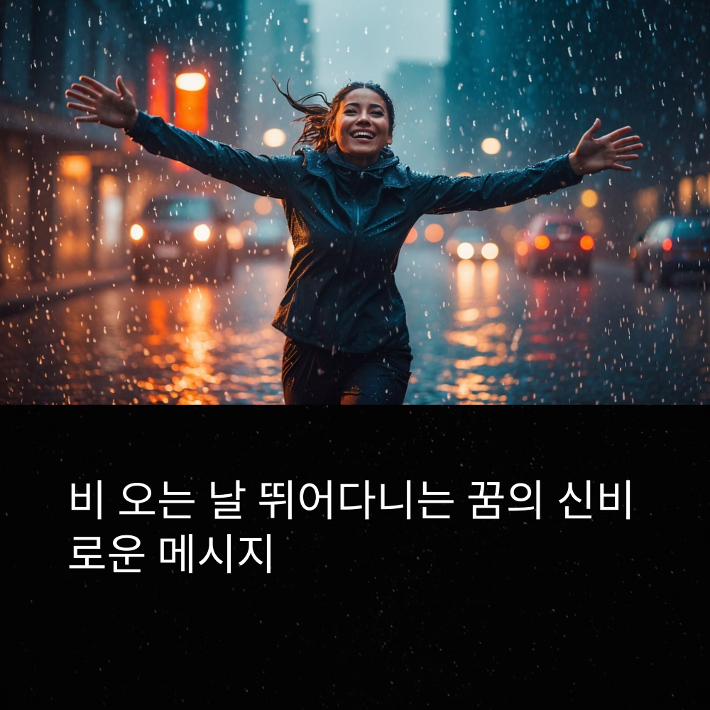 비오는 거리에서 뛰어다니는 모습의 여자 모습