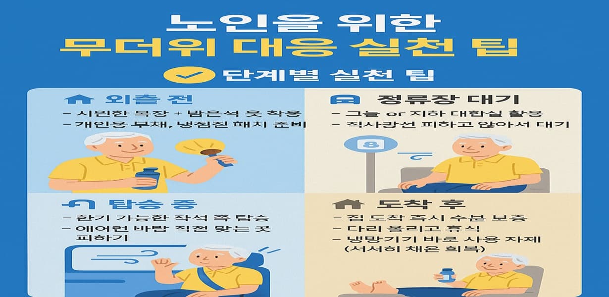“노인을 위한 대중교통 무더위 대응 실천 팁을 단계별로 정리한 인포그래픽”