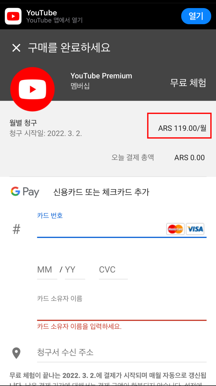유튜브-프리미엄-아르헨티나-페소-결제화면