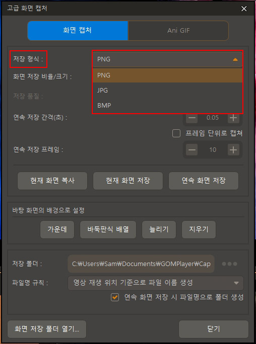 곰플레이어 고급 화면 캡쳐 옵션