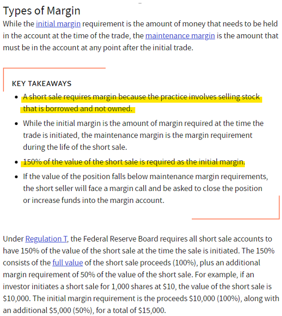  공매도시 미국 연준의 증거금률 관련 조항 출처 : 네이버 카페 한투연 / Investopedia