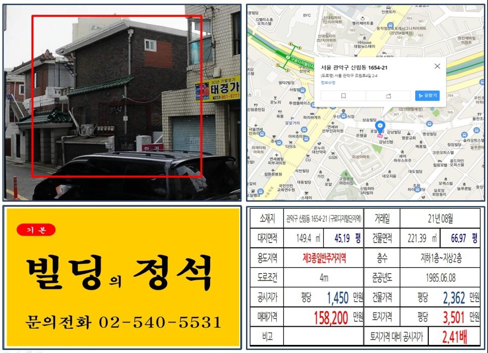  [관악구 2호선 역세권 10억 꼬마빌딩 실거래가 조회] 신림동 1654-21 (구로디지털단지역) 15억 8,200만 원, 평당 3,501만 원 매매되었습니다.