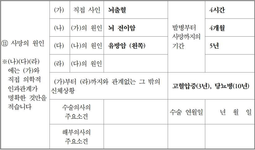 사망원인 기재 사례