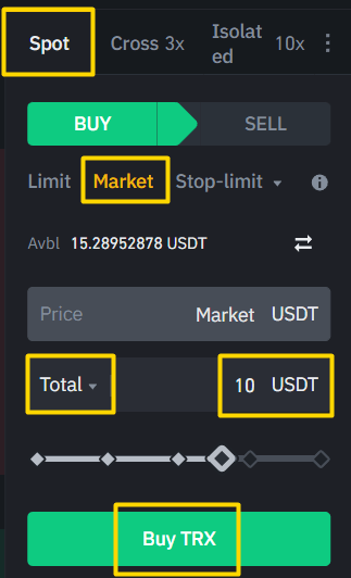 10USDT 어치 트론을 매수하는 모습