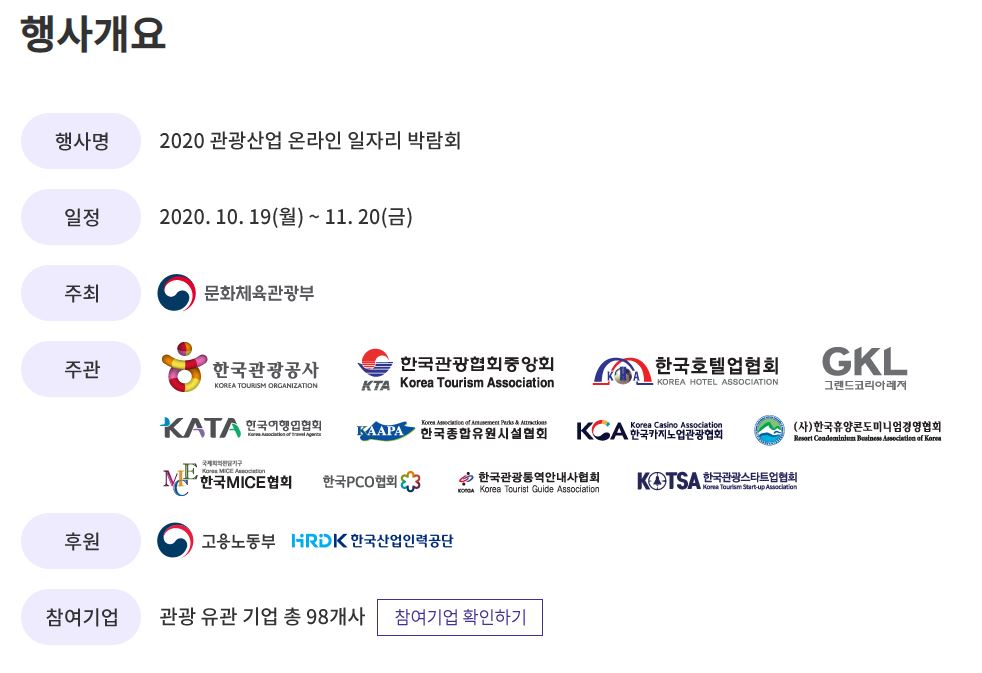  2020 관광산업 온라인 일자리 박람회 정보를 한눈에