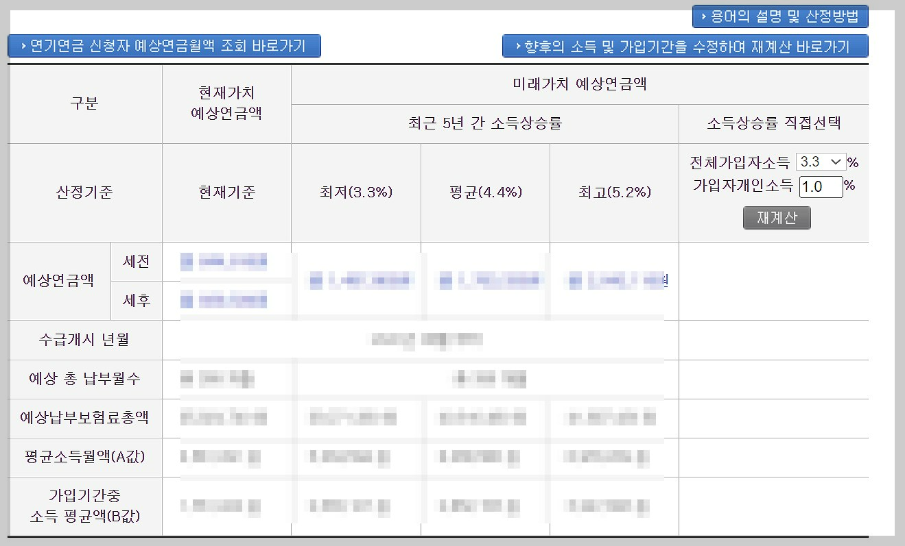 국민연금홈피-내연금예상수령액-결과