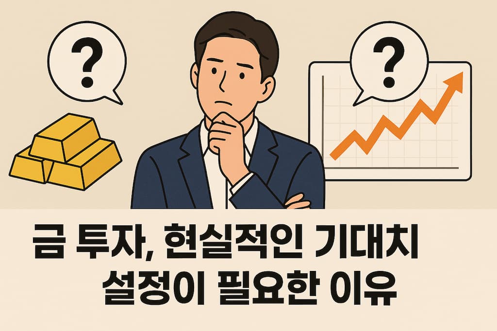 금 투자에서 현실적으로 기대할 수 있는 자산 방어와 안정성, 그리고 기대하기 어려운 고수익/현금흐름을 비교하는 저울 이미지