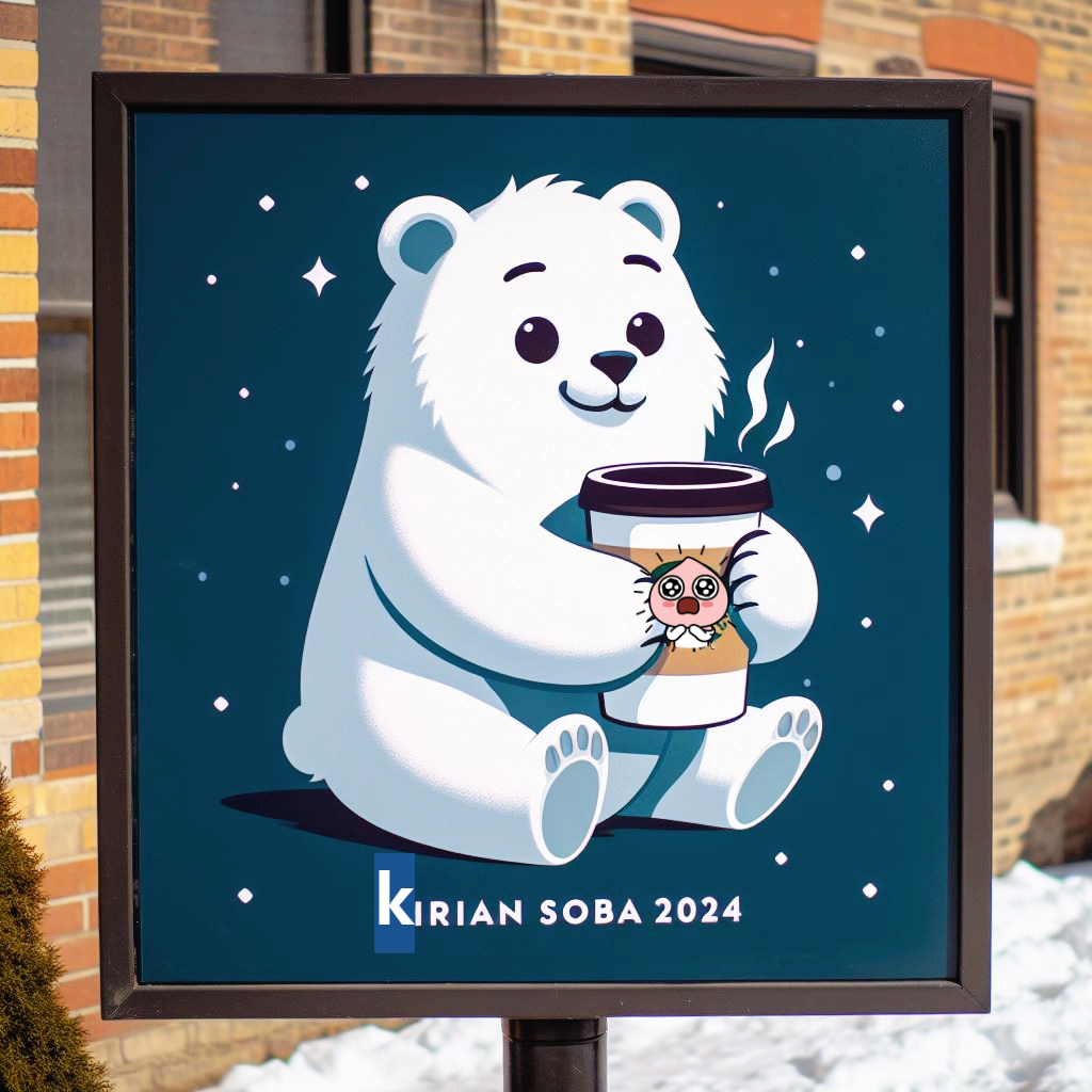 빨간 벽돌로 지은 카페에 간판이 예쁜데요 북극곰이 따뜻한 커피를 들고 있는 모습이에요 간판 이름으로는 kirian soba