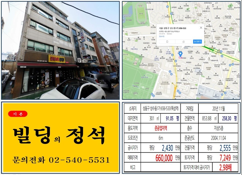  [성동구 성수동카페골목 60억 꼬마빌딩 실거래가 조회] 성수동1가 656-533 (뚝섬역) 66억 원, 평당 7,249만 원 매매되었습니다. 갤