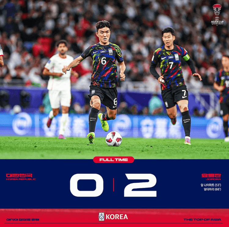 AFC 카타르 아시안컵 준결승전에서 대한민국은 요르단에 첫 패배를 당하다(출처: KFA인스타)