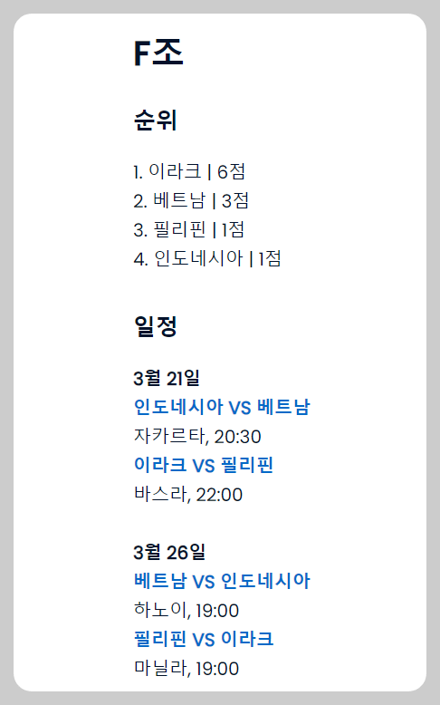 2026 월드컵 아시아 2차 예선 F조 현재 상황 및 일정 