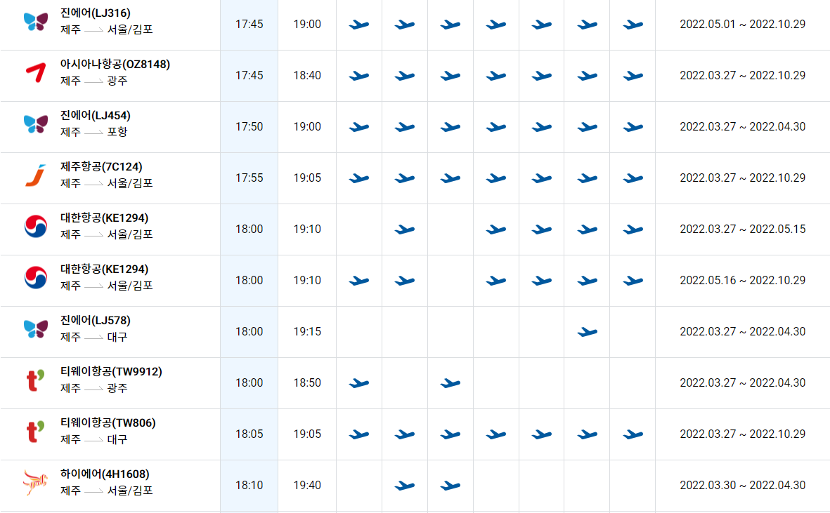 제주국제공항-운항시간표모습