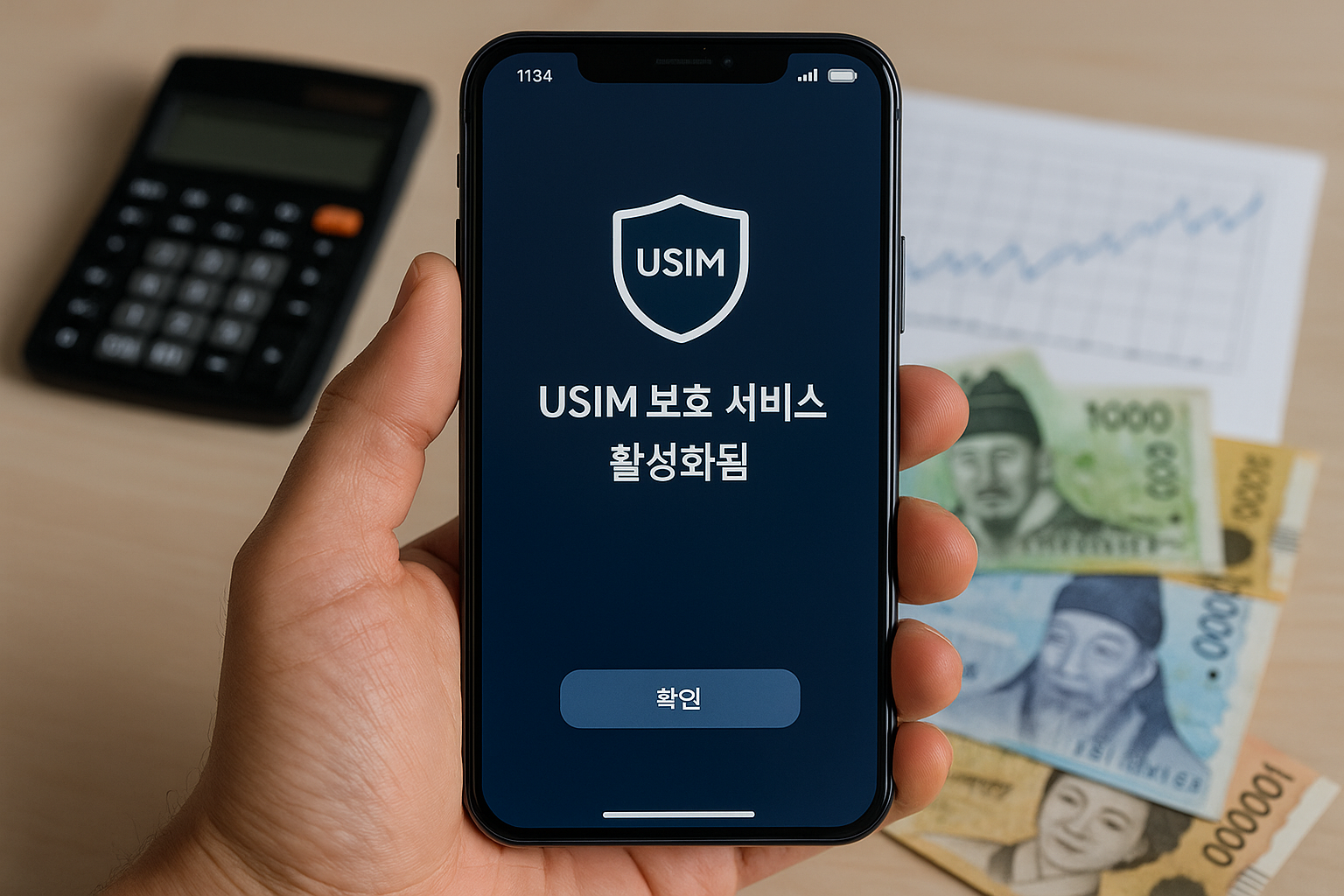 유심 보호라는 문구와 자물쇠 아이콘이 강조된 3D 일러스트 스마트폰 이미지