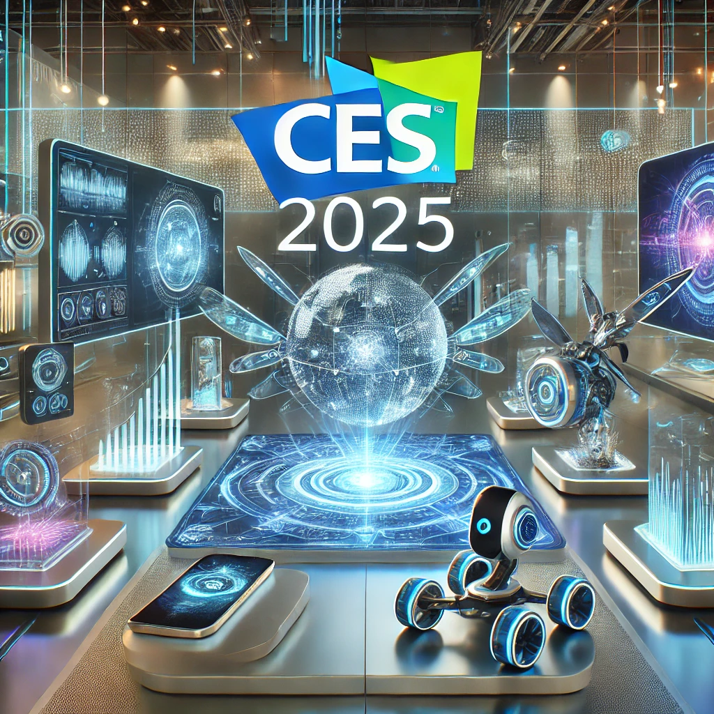 CES 2025 주제에서 영감을 받아 최첨단 기술과 모던한 전시 분위기를 강조한 혁신적이고 미래지향적인 이미지