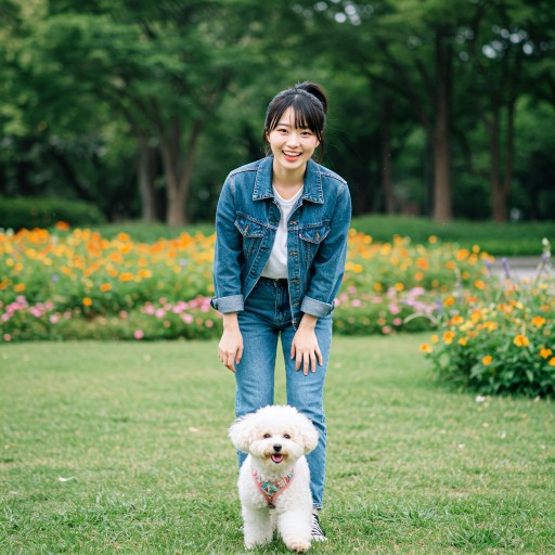 반려동물 푸들 강아지와 산책하는 여성