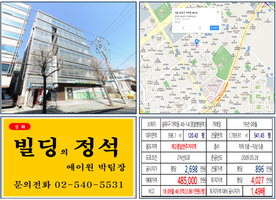 [송파구 메디컬빌딩 실거래가 조회] 가락동 46-14 (경찰병원역) 48.5억 원, 평당 4,027만 원, 2차선 대로변 메디컬빌딩, 가락동 중