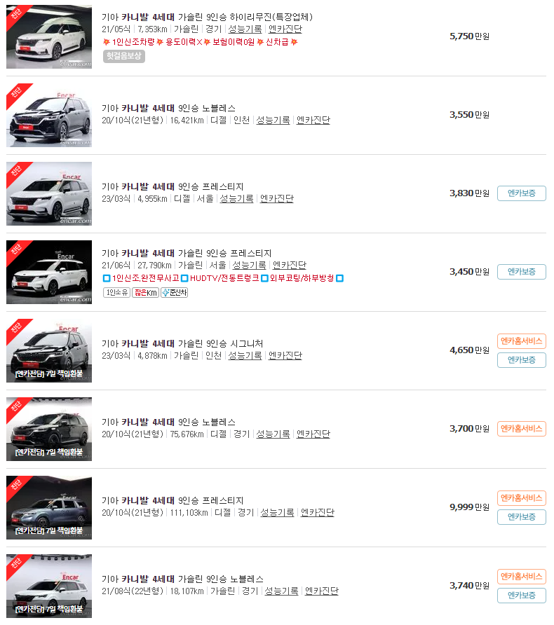 2020~2023년식 카니발 4세대 9인승 중고차 가격