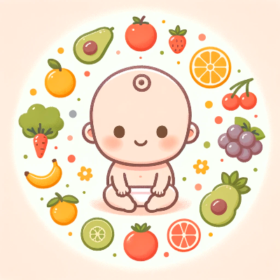 The first illustration shows a baby surrounded by various colorful fruits and vegetables&#44; symbolizing healthy eating habits for preventing and treating constipation in infants.