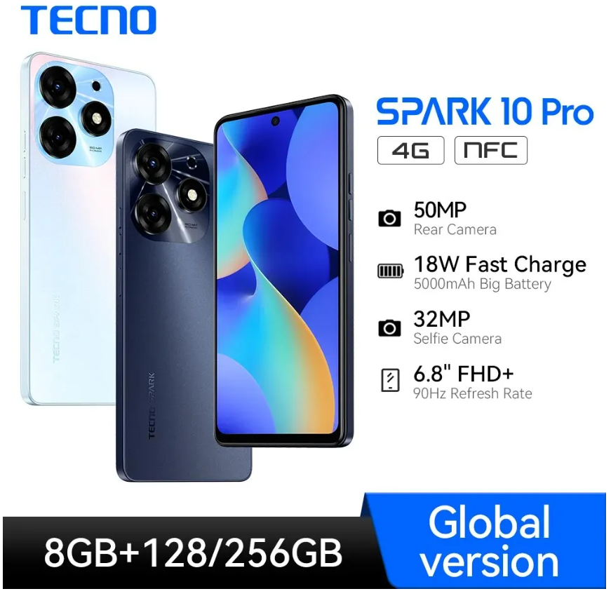  TECNO 글로벌 버전 스마트폰, SpARK 10 PRO, 4G NFC, 안드로이드 13, 6.8 인치 FHD + 90Hz 디스플레이, 50MP
